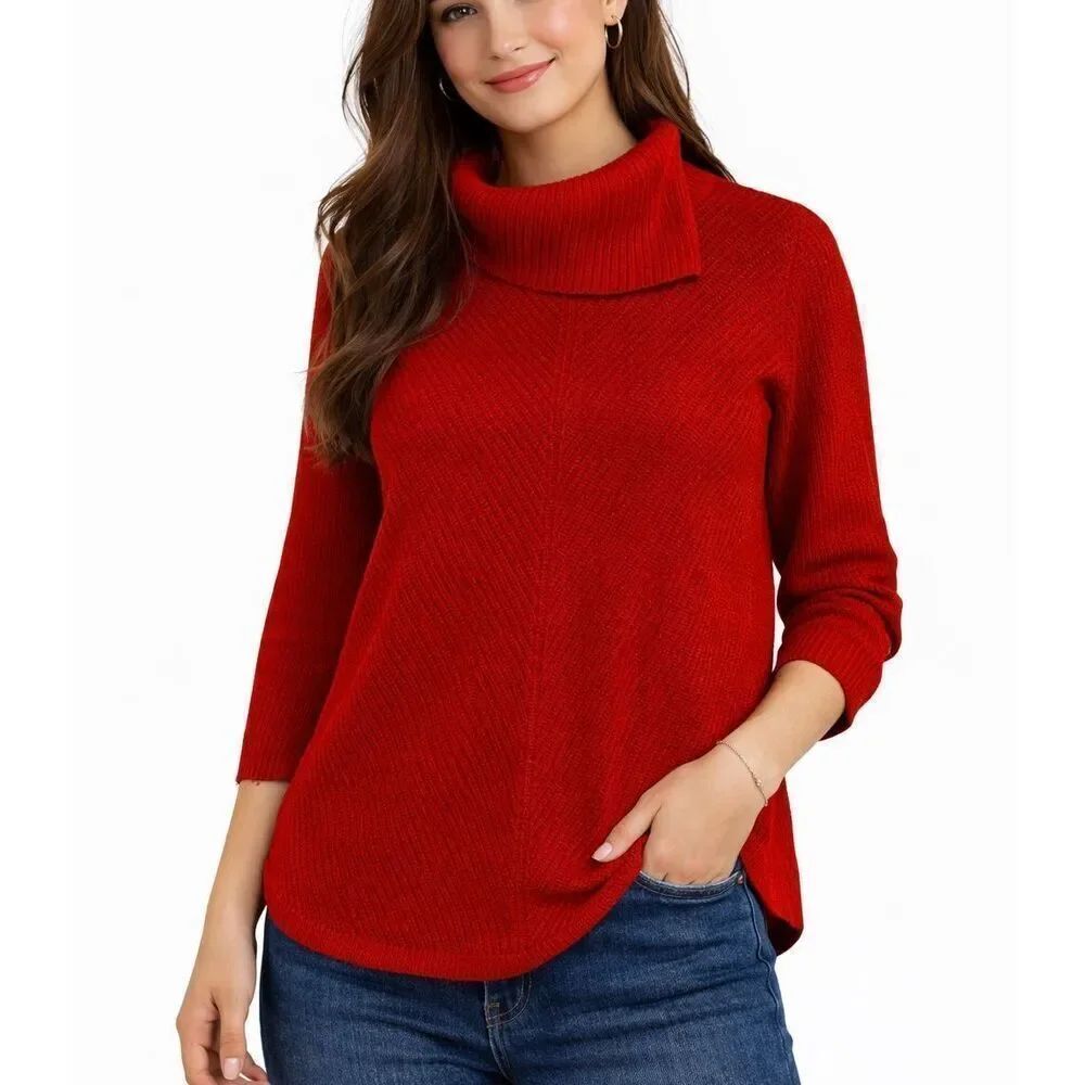 Talbots red 100% cotton knit ribbed split neck turtleneck sweater small petite